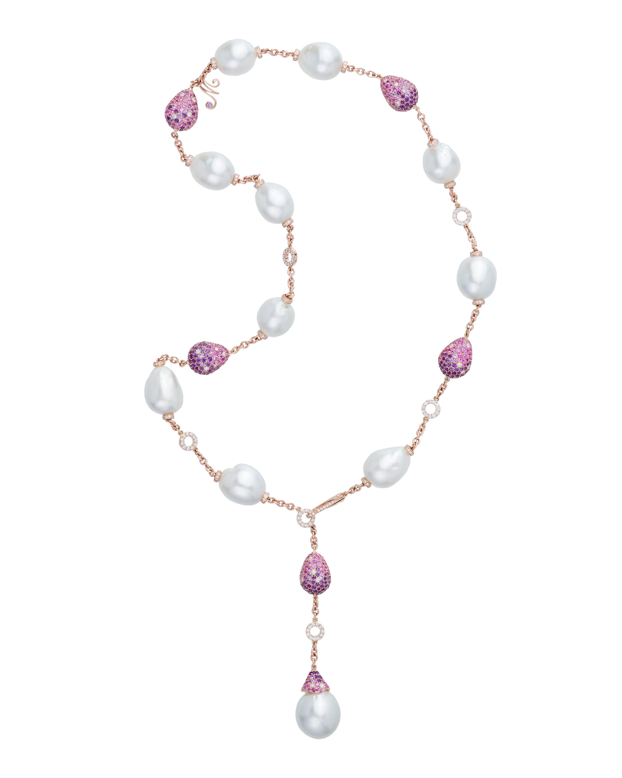 "Bliss" lariat necklace with  Australian South Sea pearls enhanced with ‘pebbles’ of purple and pink sapphires, amethyst and diamonds, crafted in 18 karat rose gold.