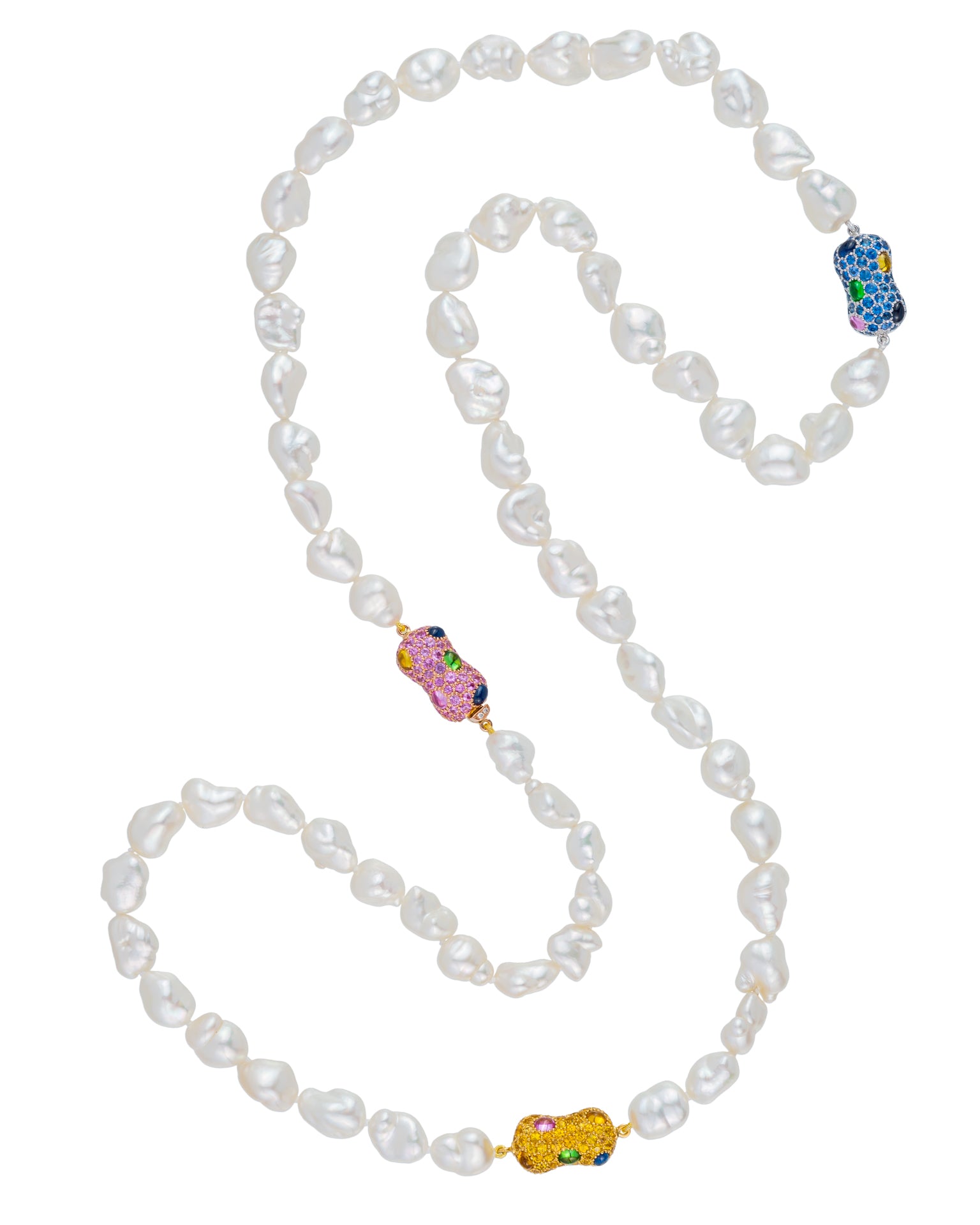 South Sea Keshi pearl necklace with 'peanut' enhancers set with a myriad of gemstones, crafted in 18 karat yellow, white and rose gold.