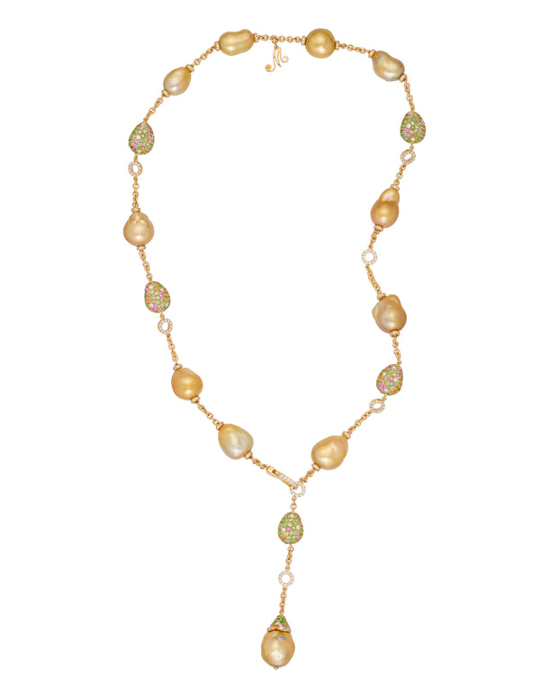 Golden Bliss lariat with golden pearls enhanced with a myriad of gemstones and diamonds, crafted in 18 karat yellow gold