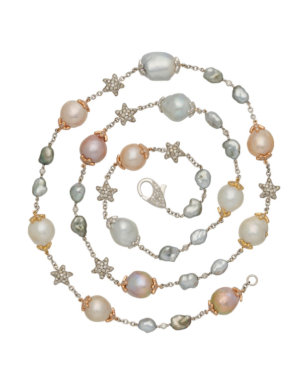 Pearl and 'starfish' rondell necklace, crafted in 18 karat white, rose and yellow gold long chain.