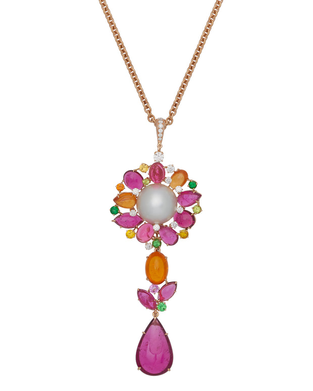 Sunflower Pendant with Australian South Sea pearl and rubellite drop enhanced with a myriad of gemstones