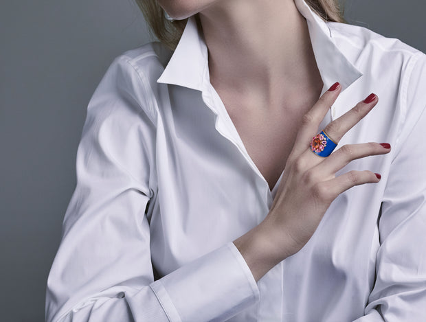 Blue enamel with pink tourmaline and multi-colour stone ring, crafted in 18 karat yellow gold.