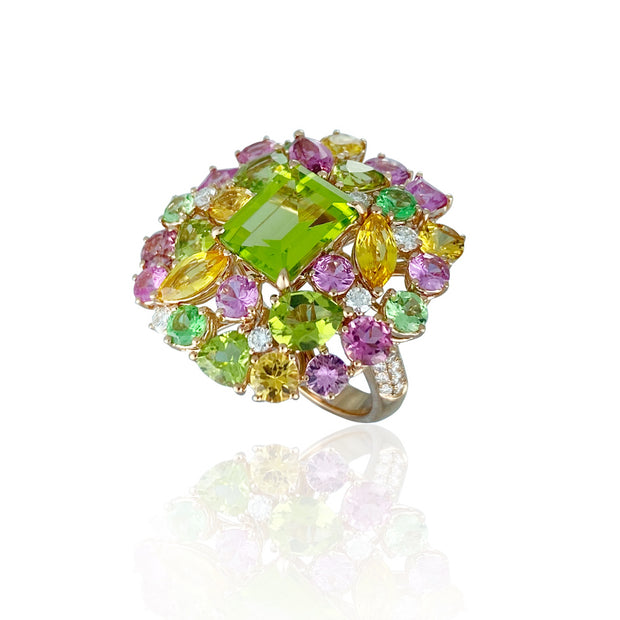 Peridot & multi-coloured stone ring, crafted in 18 karat rose gold.