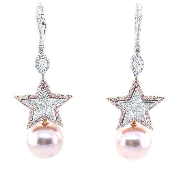 Pink diamond and pearl "Star" earrings set with white and pink diamonds, featuring a detachable pair of pink fresh water cultured pearls, crafted in 18 karat rose gold.